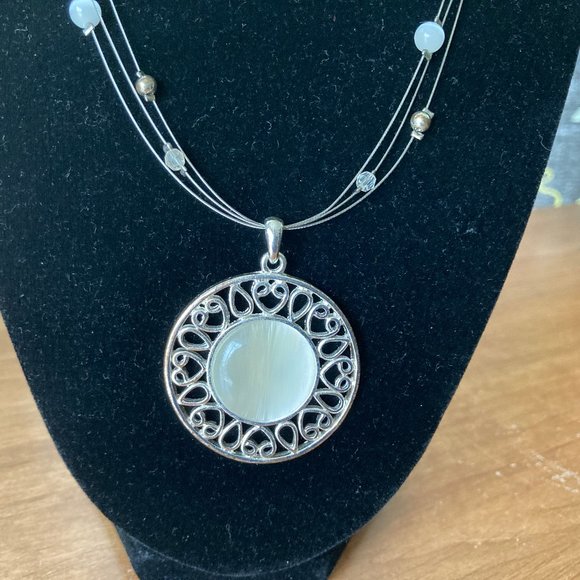 Silver & Mother of Pearl Look Medallion Necklace & Earrings - Picture 3 of 4